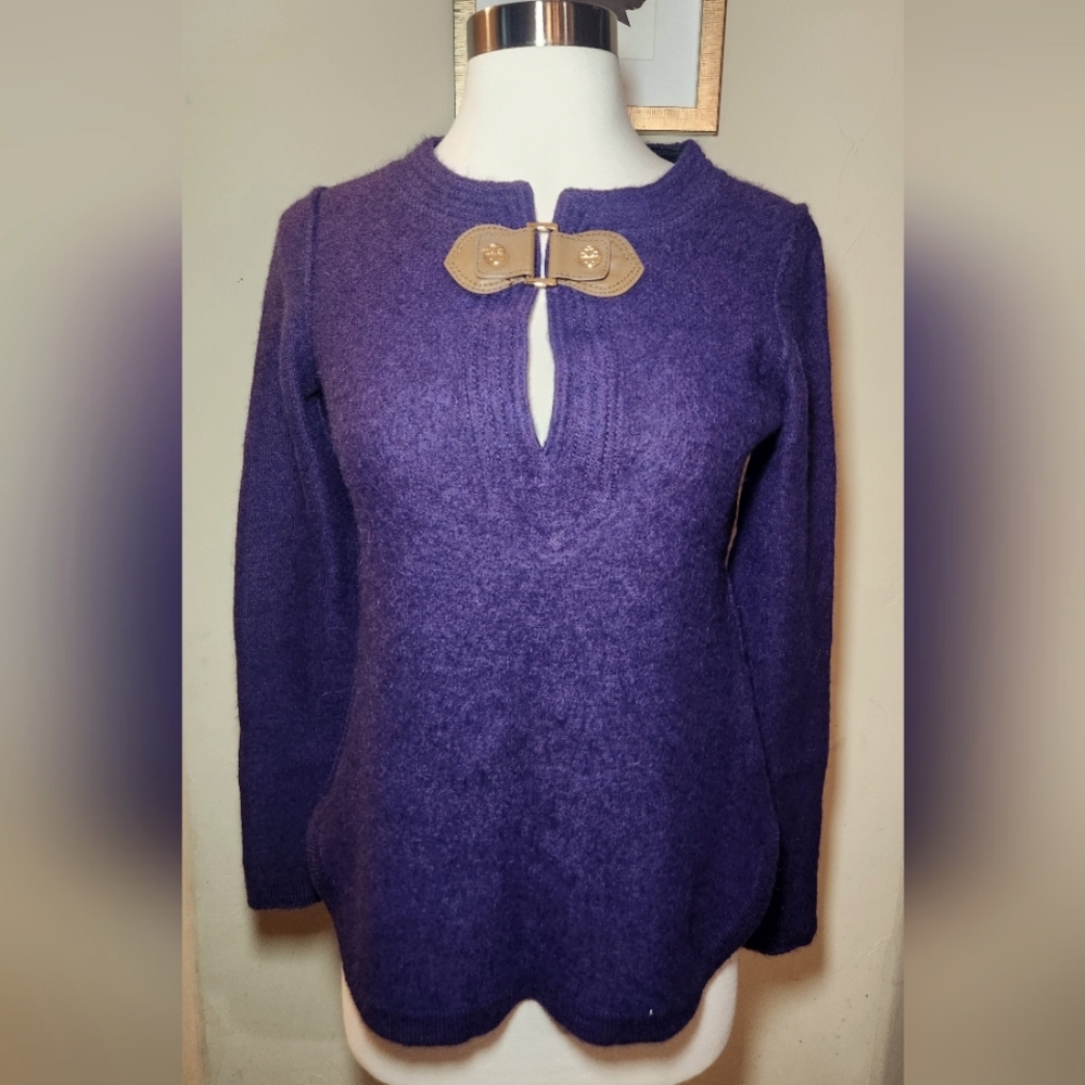 Tory Burch Purple Wool/Alpaca Blend Long Sleeve Sweater Size Med Leather Details